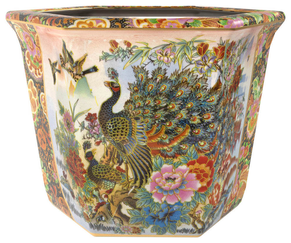 10" Satsuma Ladies and Peacock Porcelain Flower Pot