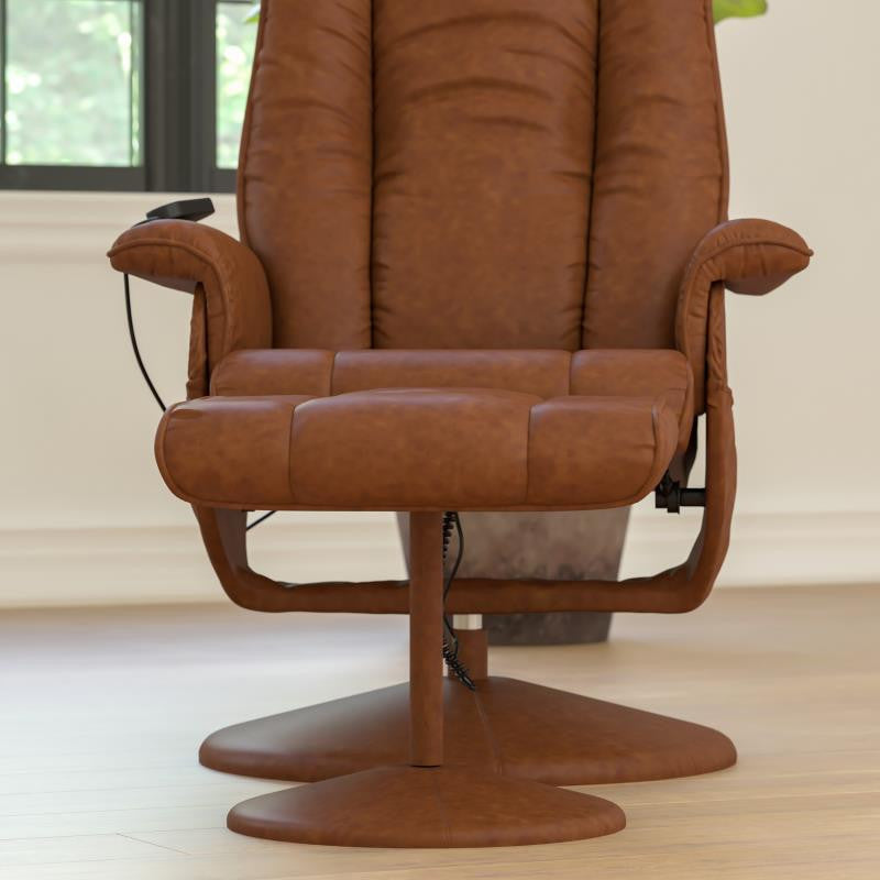 Hall Massaging Multi-Position Recliner and Ottoman with Wrapped Base, Brown