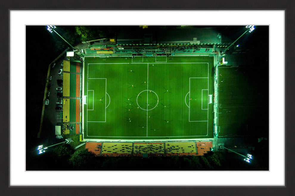 "Soccer From Above" Framed Print by Karolis Janulis