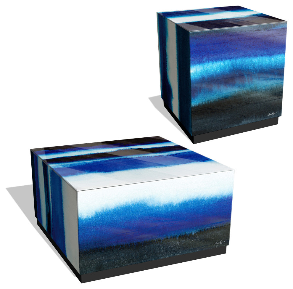 "Blue Run Off" Reverse Printed Glass Side Table with Black Plinth Base Set of 2