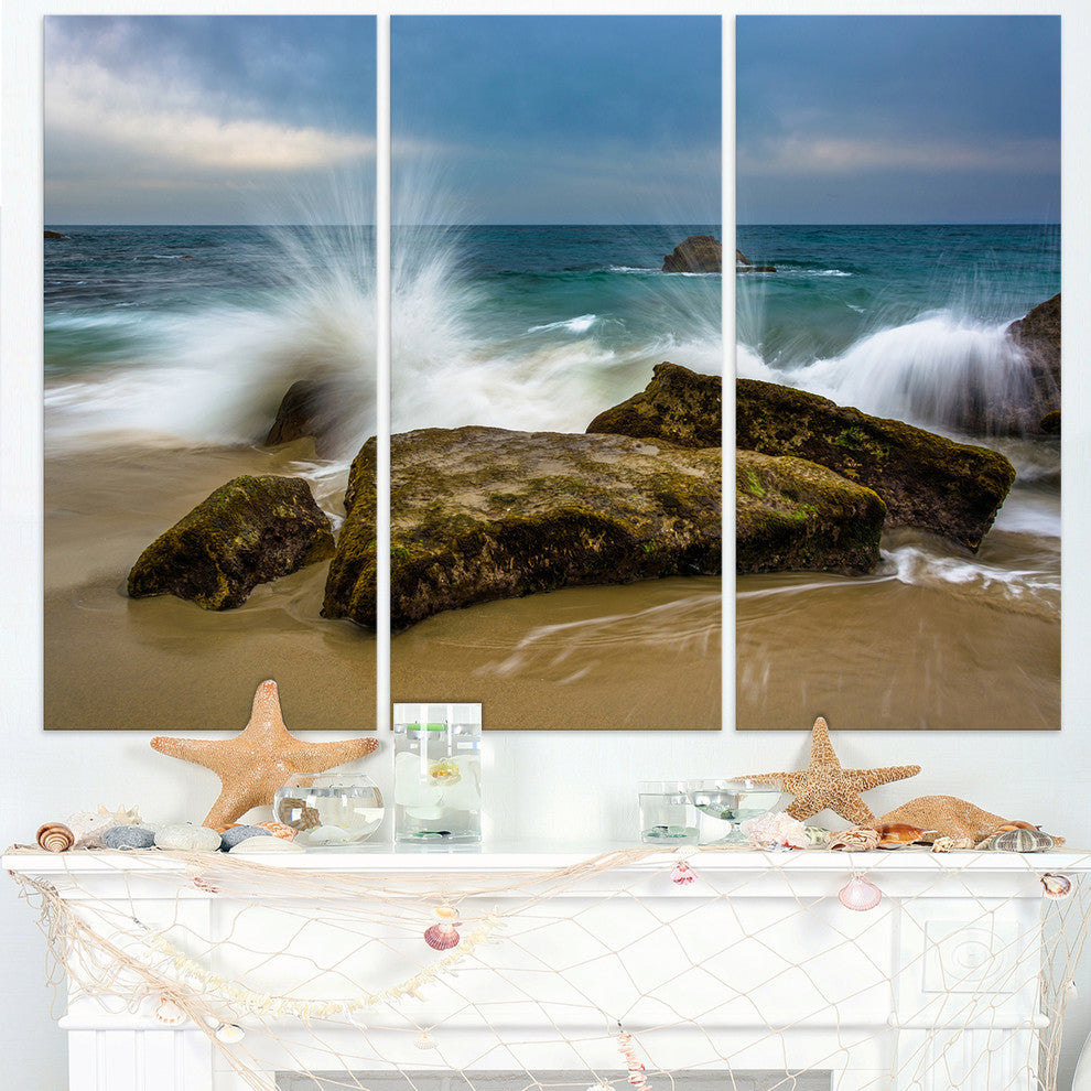 "Waves Crashing Rocks at Woods Cove" Metal Wall Art, 3 Panels, 36"x28"
