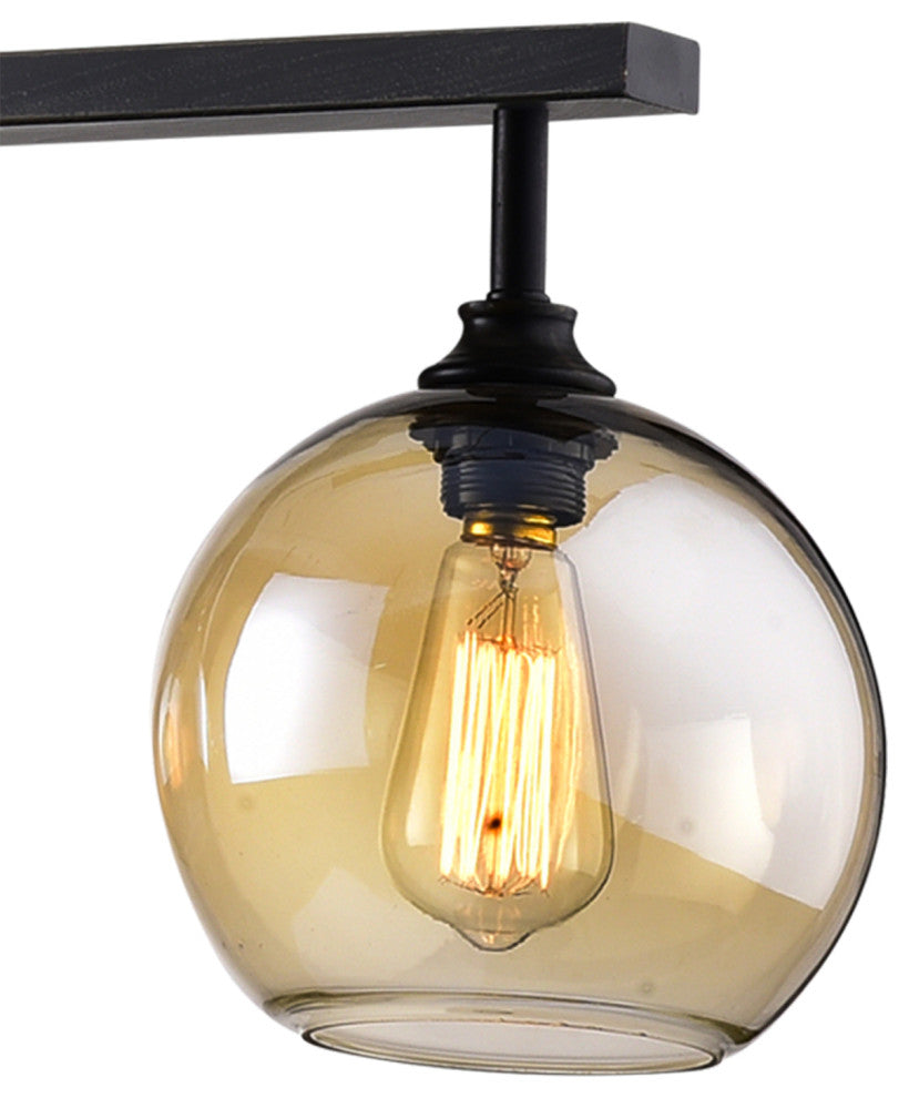 4-Light Antique Black Linear Kitchen Island Chandelier With Amber Glass Sconces