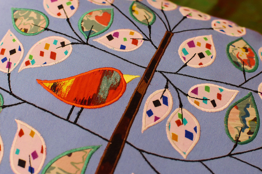 Bleu de France Tree of Life Bird Decorative Pillow Cover Cotton Applique 18x18"