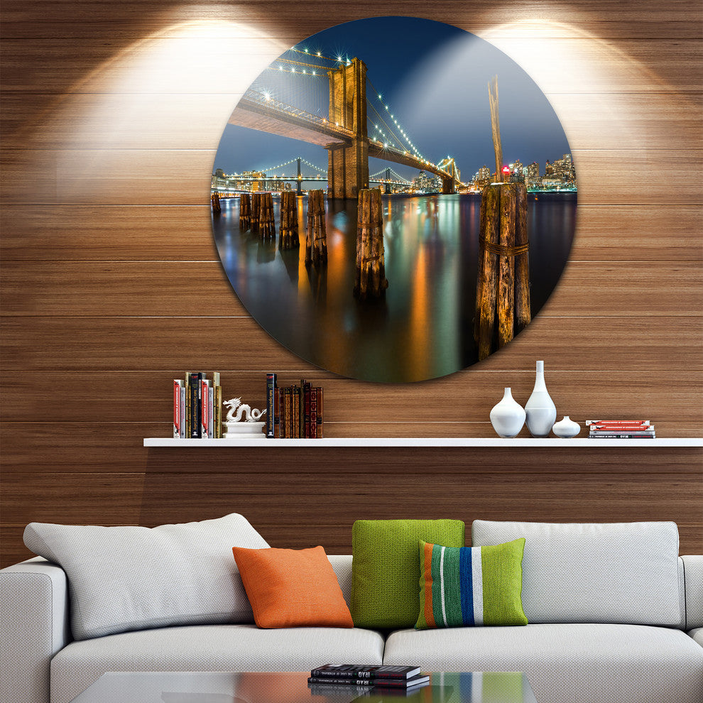 Lit-Up Brooklyn Bridge By Night, Cityscape Photo Disc Metal Art, 38"