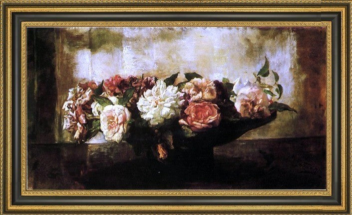 John La Farge Roses in a Shallow Bowl Framed Premium Canvas Print, 15"x30"