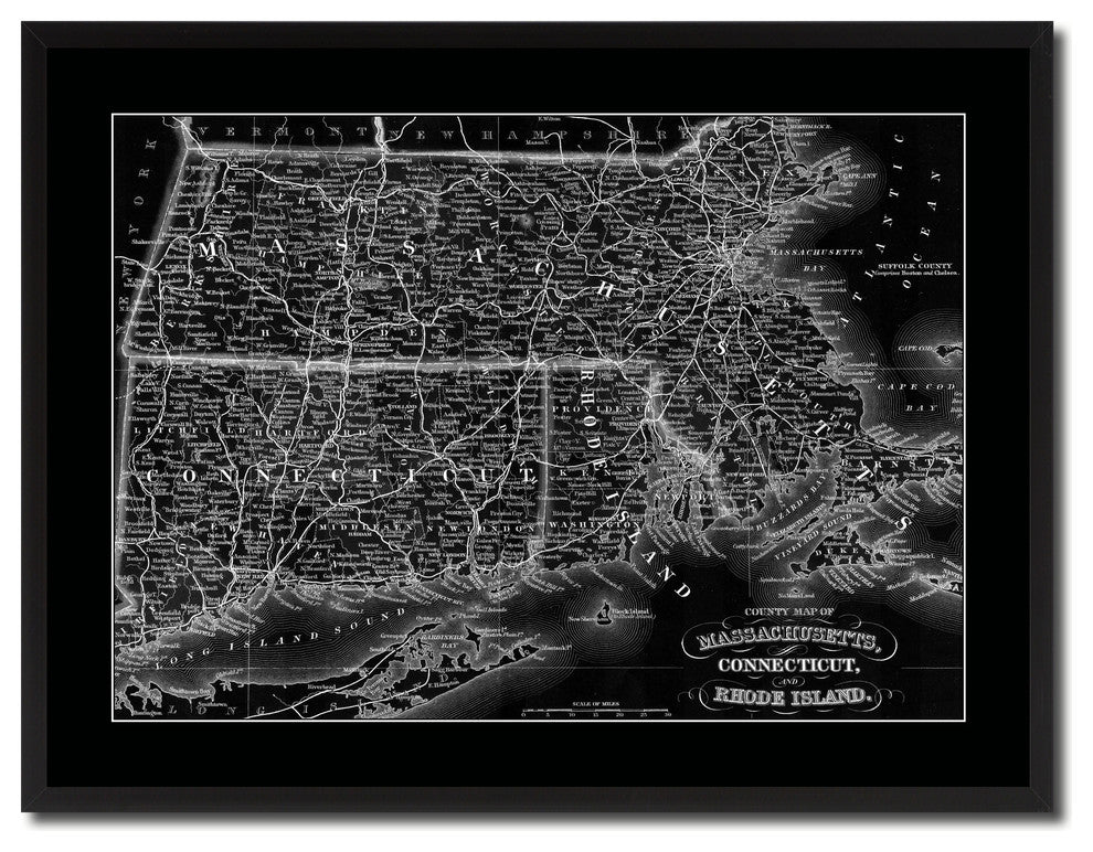 Massachusetts Connecticut Rhode Island Vintage Monochrome Map Canvas, 28"x37"