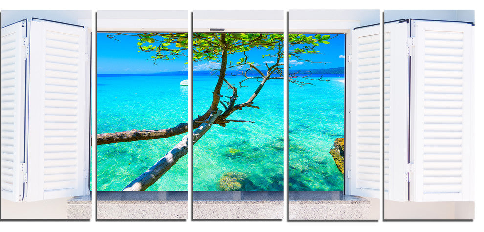 "Open Window To Gorgeous Seashore" Modern Seascape Wall Art, 5 Panels, 60"x28"