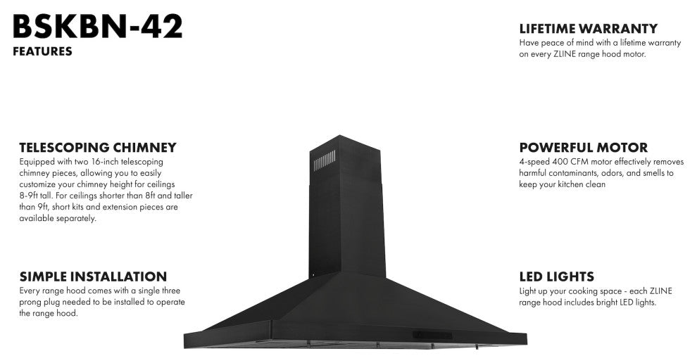 ZLINE 42" Convertible Vent Wall Range Hood in Black Stainless Steel