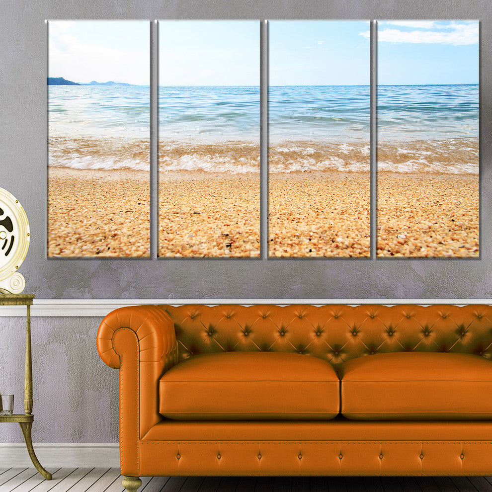 "Blue Seashore With Pebble Stones" Modern Seascape Wall Art, 4 Panels, 48"x28"