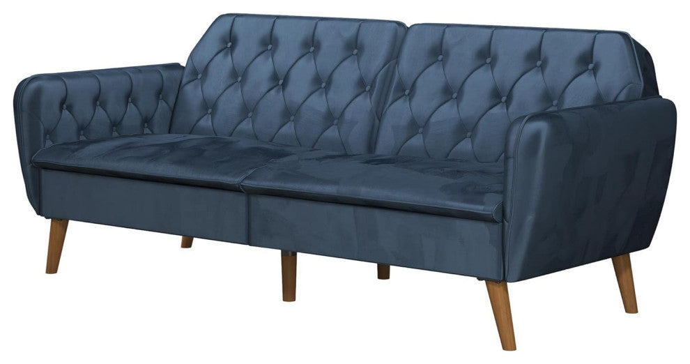 Blue Velvet Memory Foam Futon with Tapered Legs and Button Tufted Back, Blue