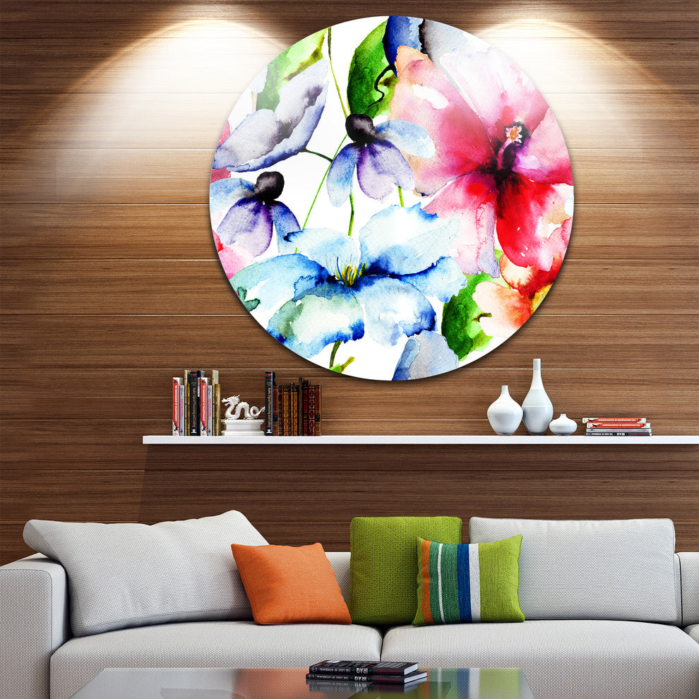 Watercolor Flowers Everywhere, Floral Round Wall Art, 23"