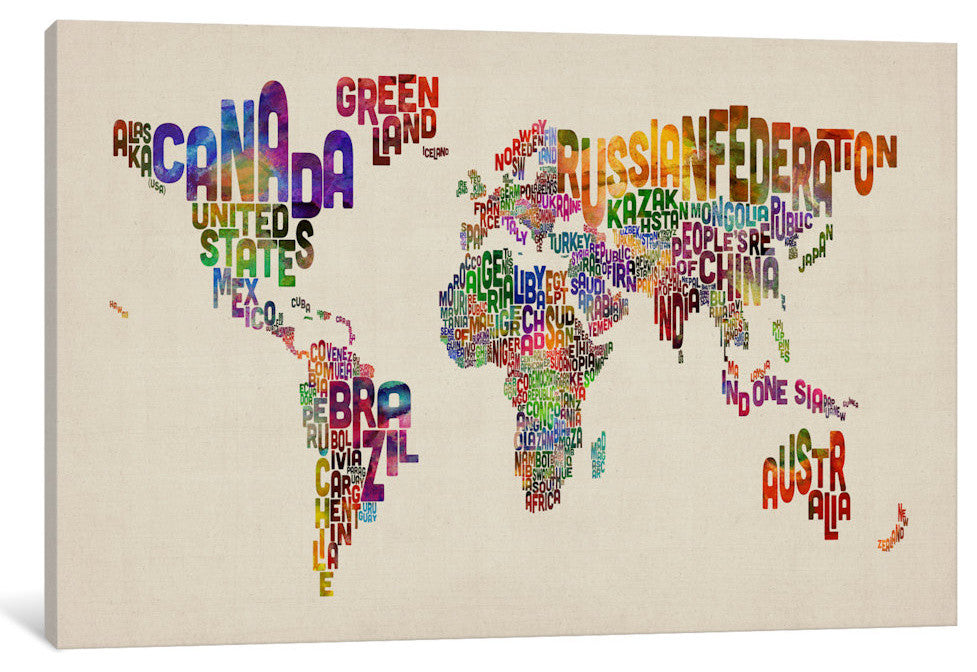 "Typographic Text World Map VIII" Wrapped Canvas Print, 26x18x1.5