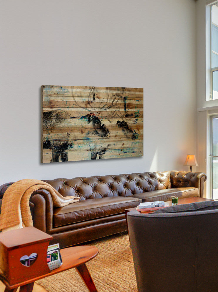 "Conversating Deer" Painting Print on Natural Pine Wood, 60"x40"