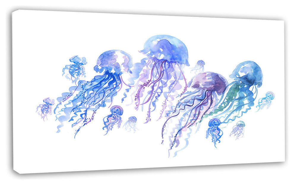 Blue Purple Jellyfish Group, Abstract Canvas Art Print, 32"x16"