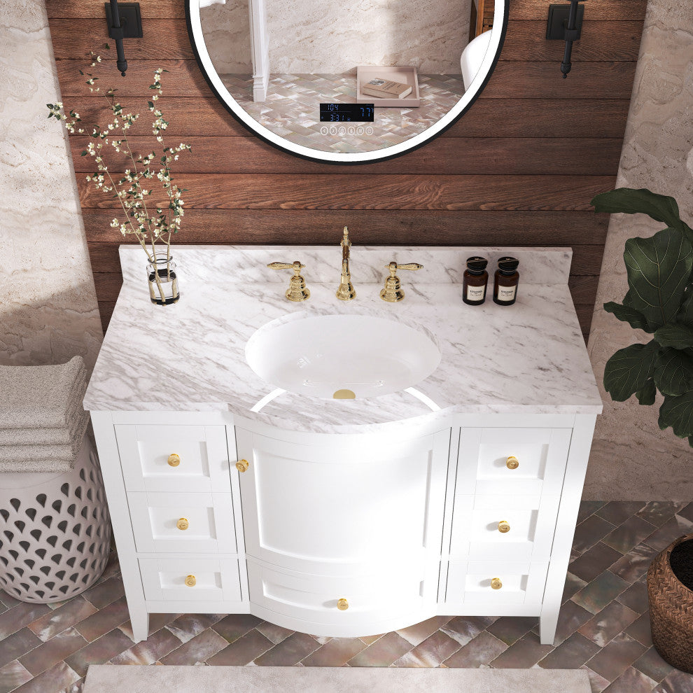 Lauren 48" Vanity Set, White, 48", Gold Hardware, Cararra White Marble Countertop and Mirror