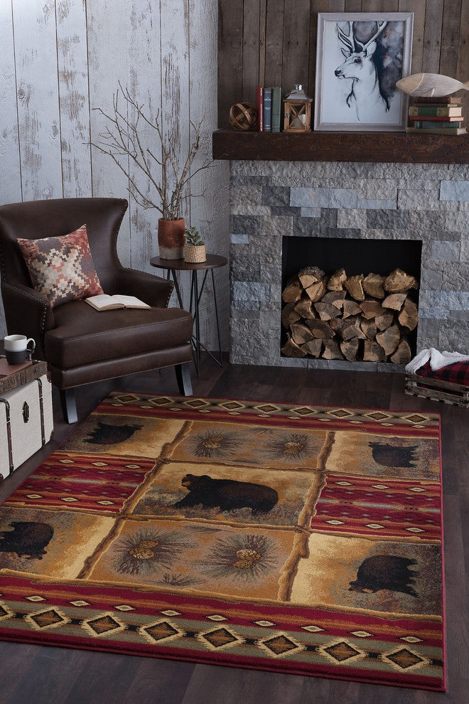 Sierra Bear Novelty Lodge Pattern Red Rectangle Area Rug, 4'x5'