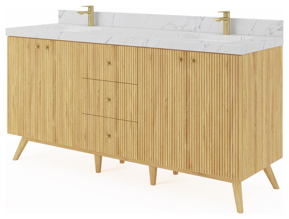 Pasadena 72" Double Sink Bath Vanity, Light Natural Teak 2" Calacatta Poanazzo