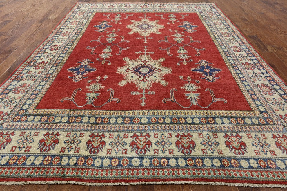 Oriental Red Super Kazak Hand-Knotted Wool Rug, 9'x13'