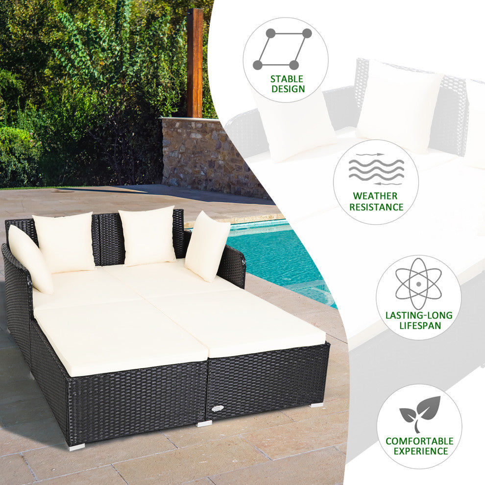 Costway Outdoor Patio Rattan Daybed Pillows Cushioned Sofa Furniture Biege