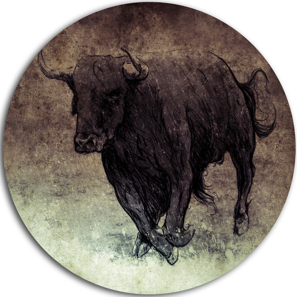 Bull Running On Vintage Paper, Animal Digital Disc Metal Wall Art, 23"