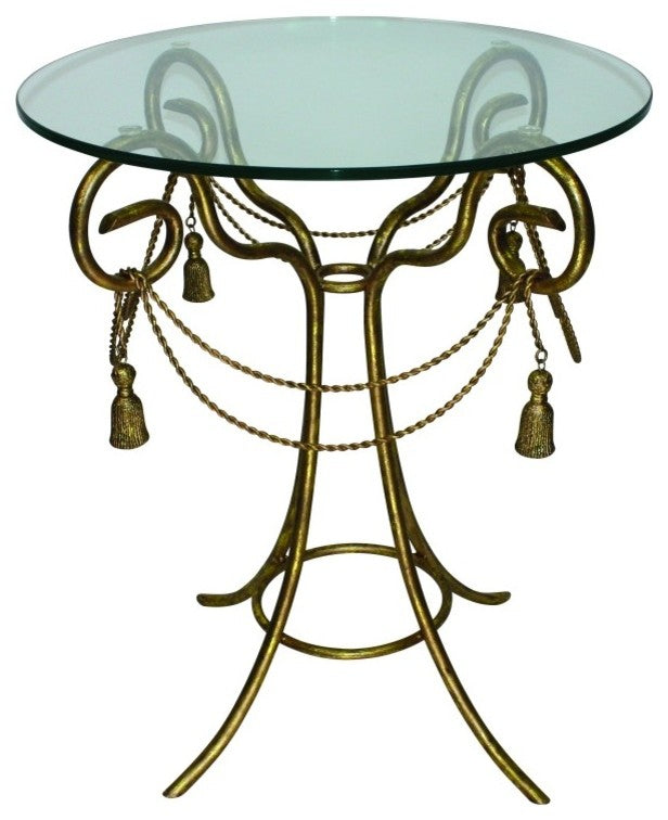Round Swag and Tassel Accent Table, Gold Metal Scroll Side Romantic