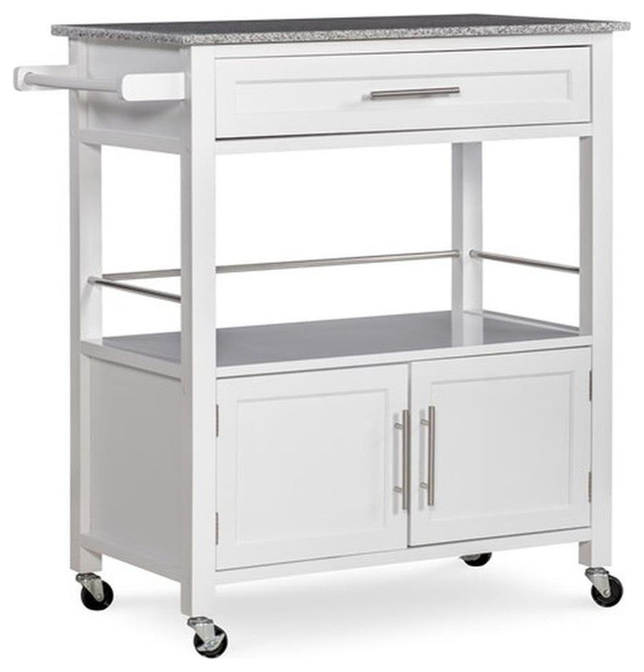 Pemberly Row Transitional Wood Kitchen Cart with Granite Top in White