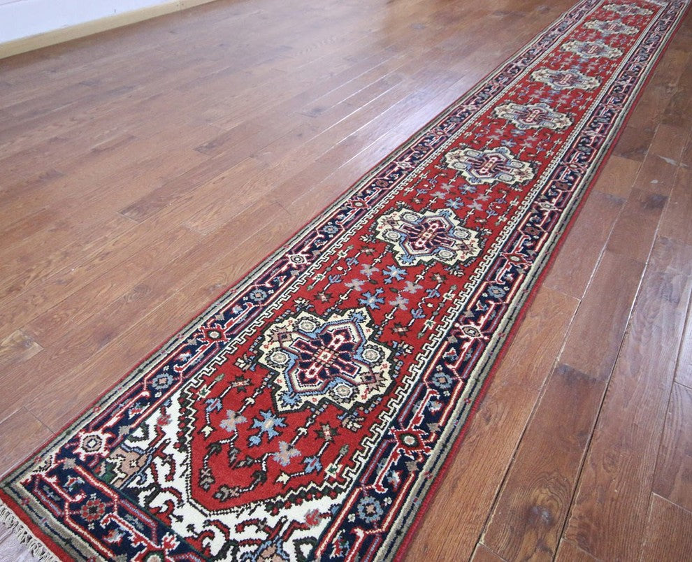Red Oriental Heriz Serapi Hand-Knotted Wool Rug, 3'x20'