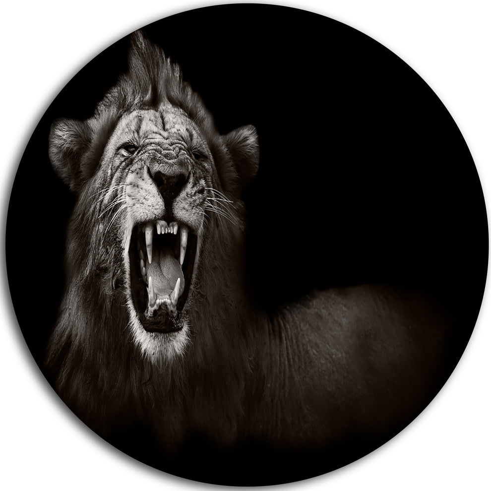 Lion Displaying Fiery Face, Animal Digital Art Round Metal Artwork, 11"