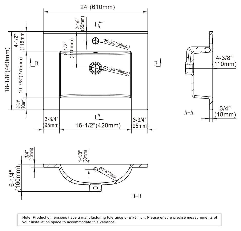 Dowell 18" FTB White Ceramic Single Bathroom Vanity Basin, 24wx18dx6h