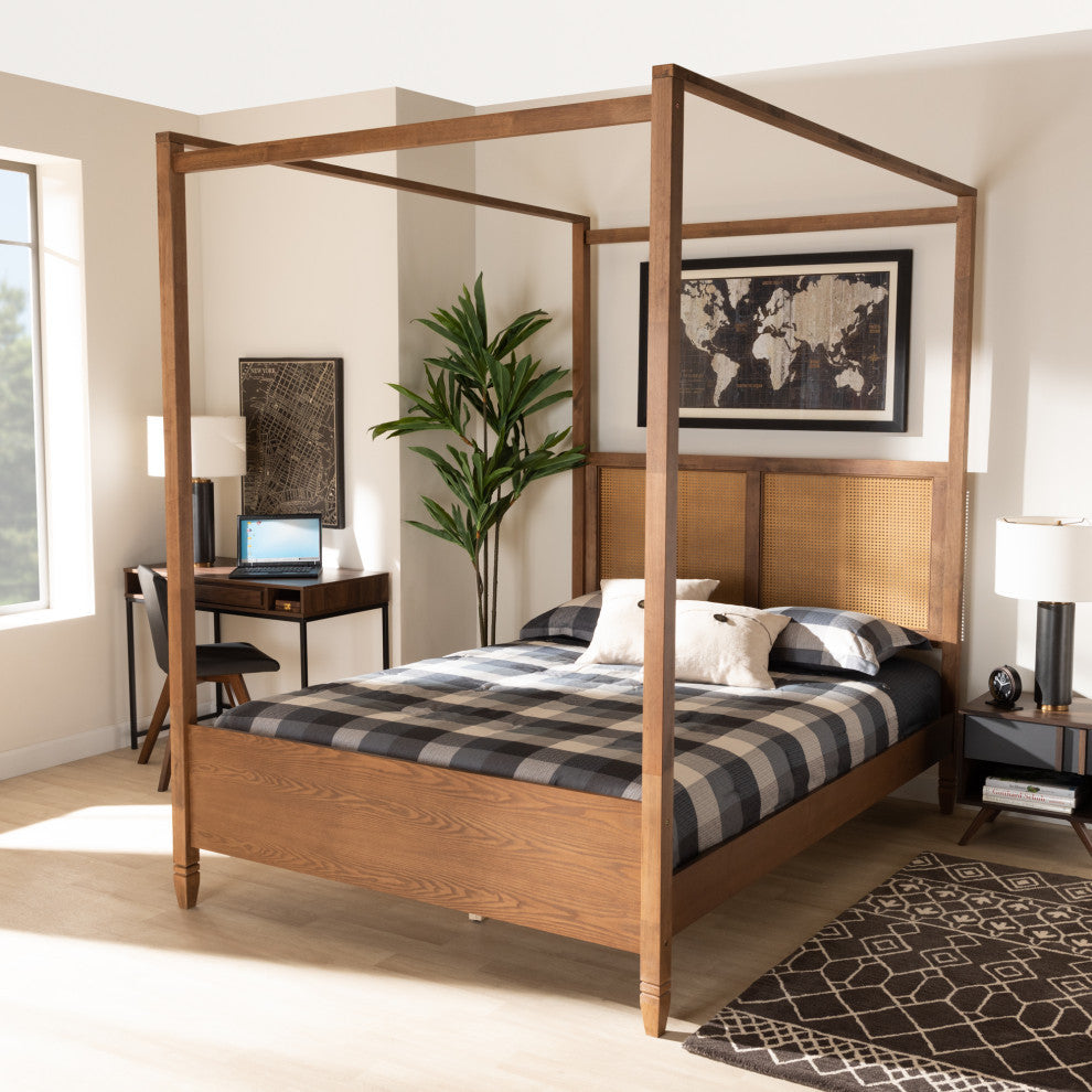 Renesmae Modern Farmhouse Walnut Effect Platform Canopy Bed, King