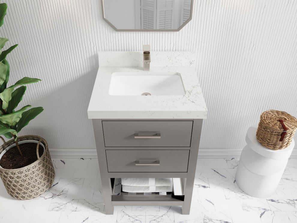 Parker 24" Single Sink Bath Vanity, Elephant Skin Gray 2" Empira White