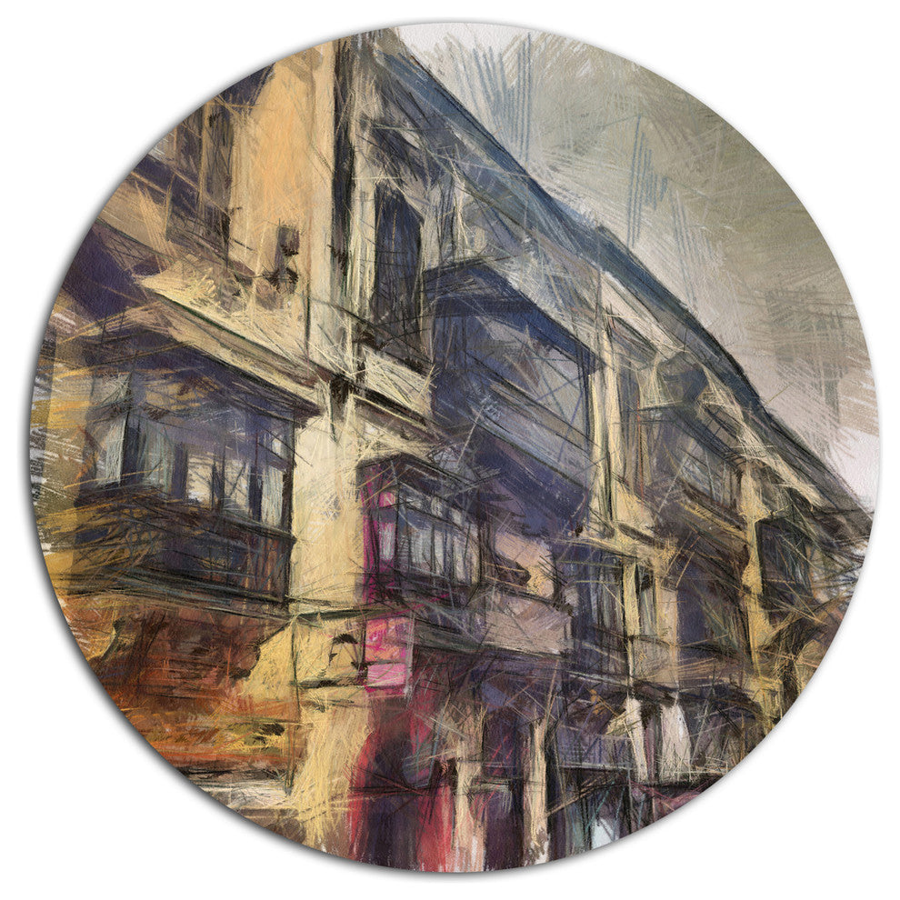 Old City Street Watercolor Painting, Cityscape Disc Metal Artwork, 11"