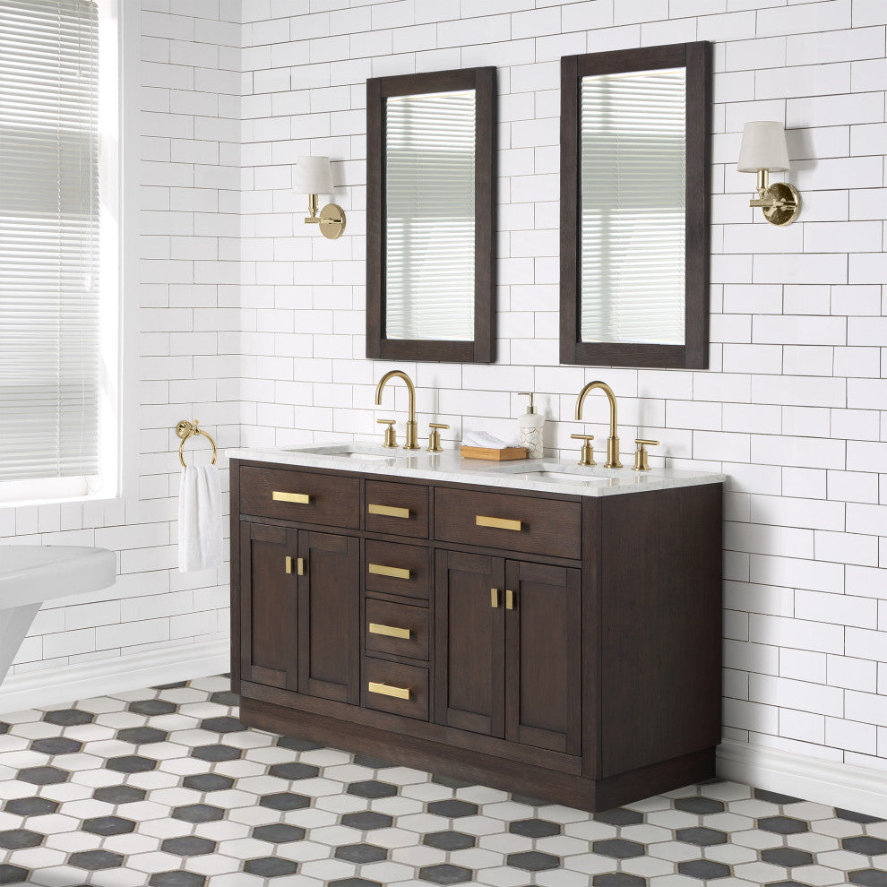 Chestnut 60" Bath Vanity, Brown Oak, Vanity With Faucet(s) With  Satin Gold Finsih Hardware