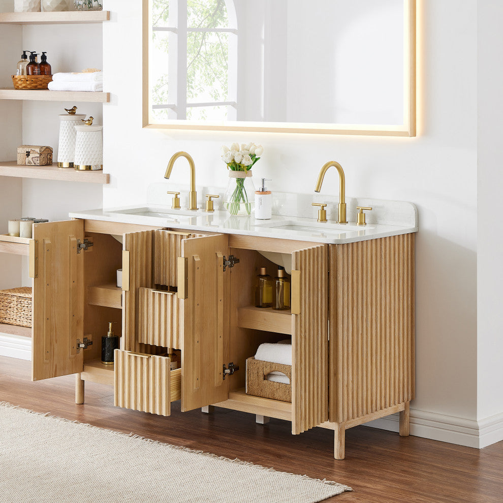 Sierra Bathroom Vanity, Washed Light Brown, 60inch, Without Mirror