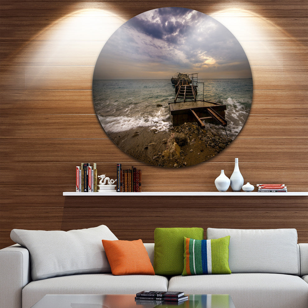 Broken Wooden Pier For Boats, Sea Bridge Round Metal Wall Art, 36"