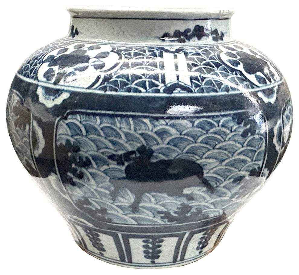 Vintage Blue White Mythical Graphic Fat Body Porcelain Vase Jar