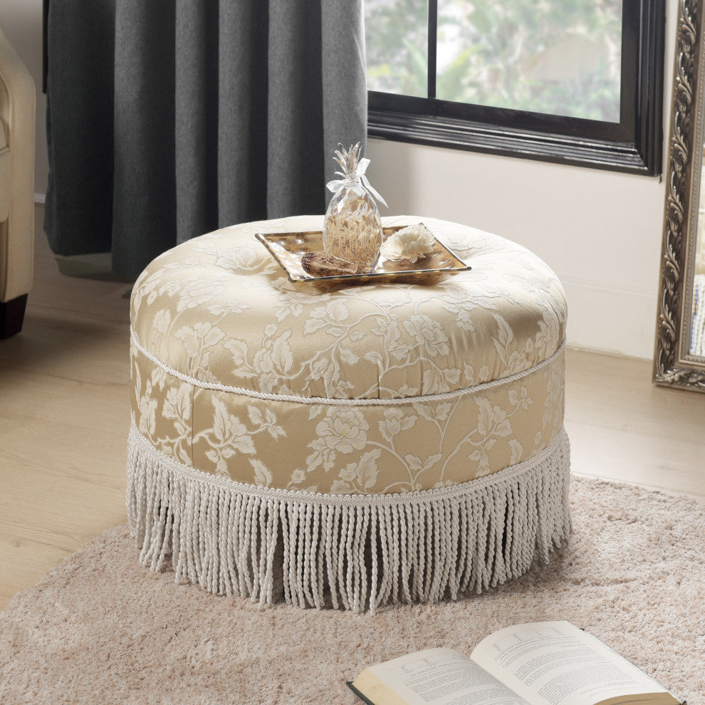 Yolanda 24" Upholstered Round Accent Ottoman, Champagne Beige Floral