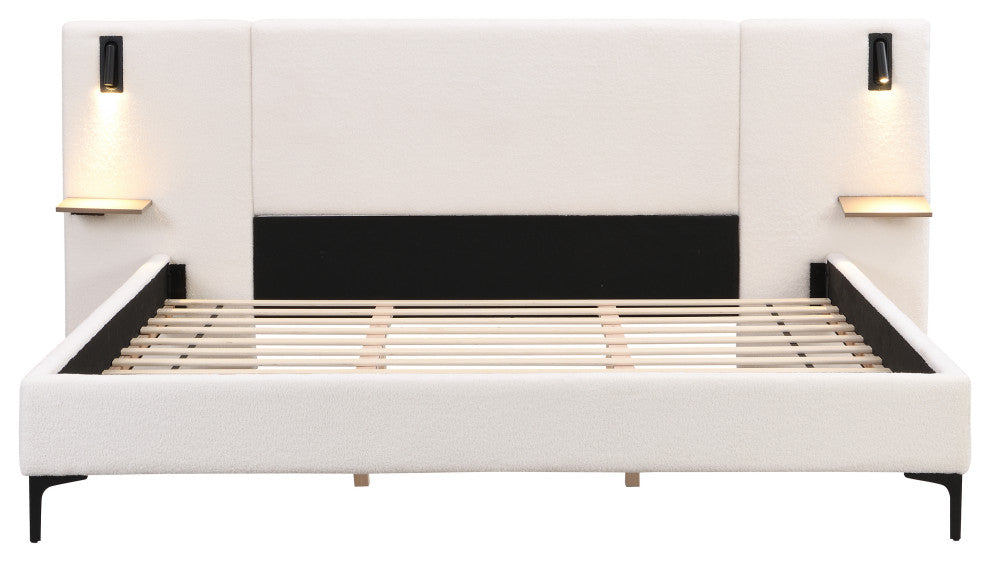 GDF Studio Modern Platform Bed, Built-in Lights & Shelves, White, King