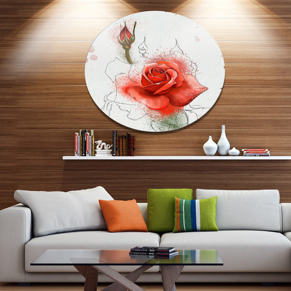 Red Watercolor Rose Sketch, Floral Large Disc Metal Wall Art, 11"
