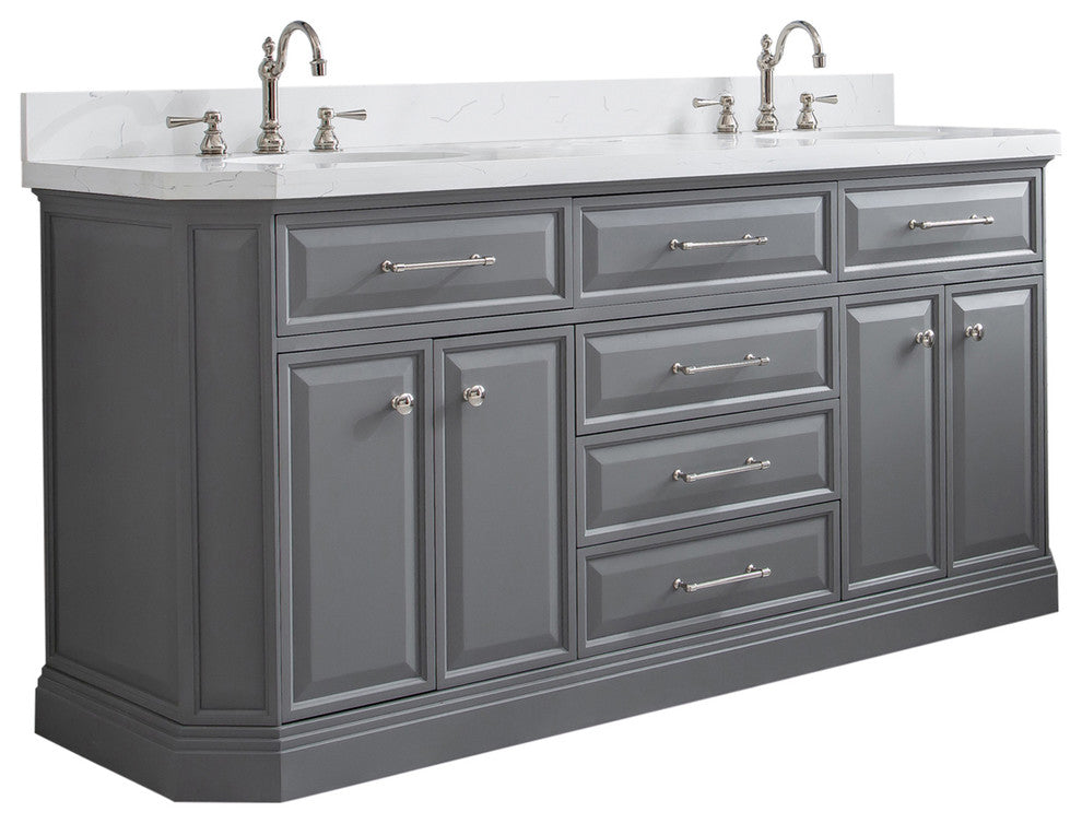72" Palace Quartz Cashmere Gray Vanity With Hardware, Faucets in Polished Nickel