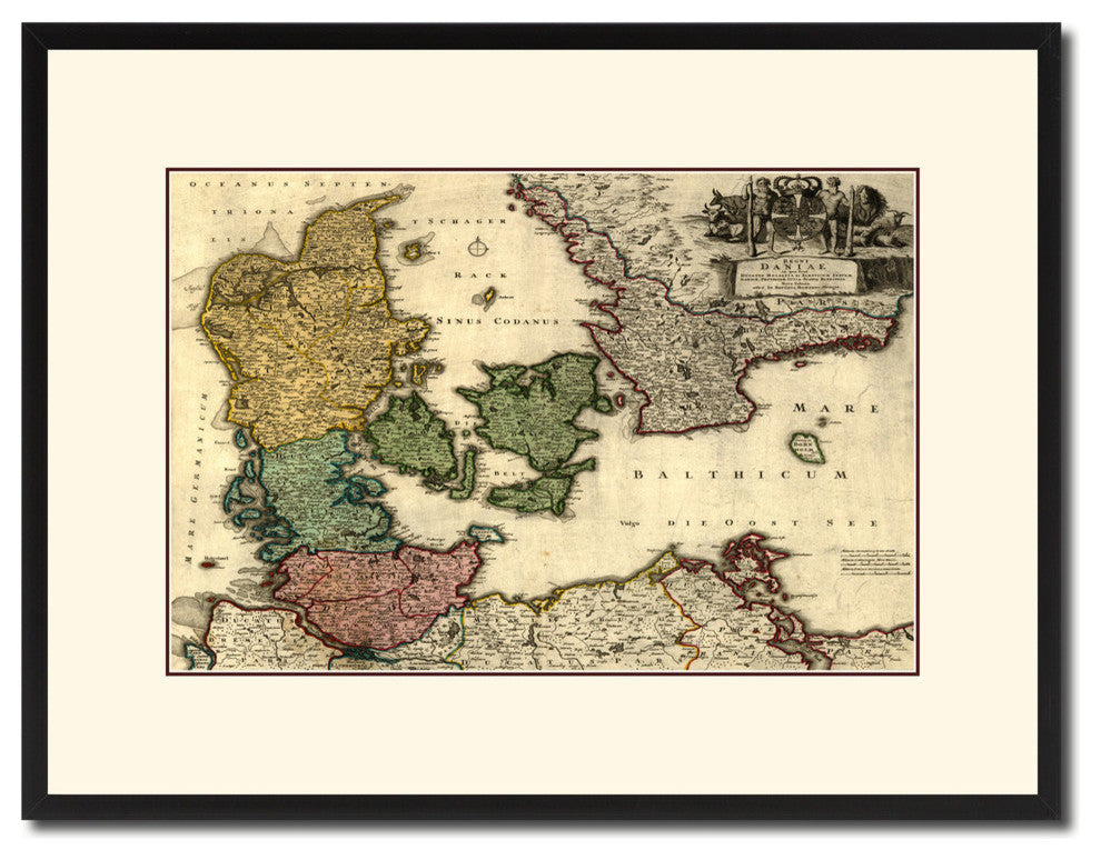 Denmark Centuries Vintage Map Print On Canvas With Picture Frame, 16" X 21"