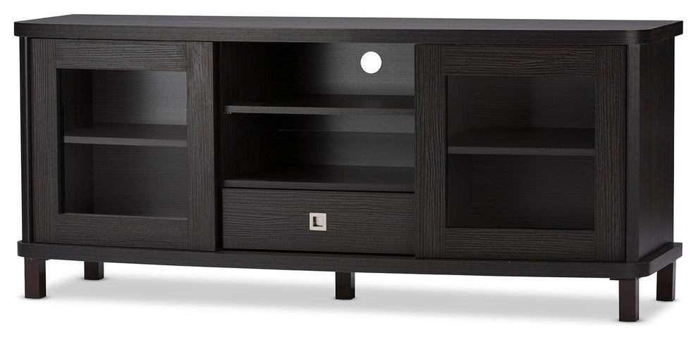 Walda 60" Dark Brown Wood TV Cabinet With Sliding Doors and Drawer