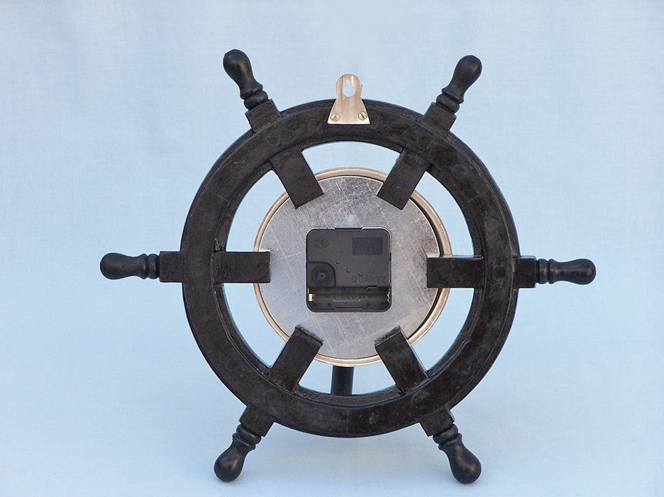 Deluxe Class Pirate Ship Wheel Clock, Wood and Chrome, 12"