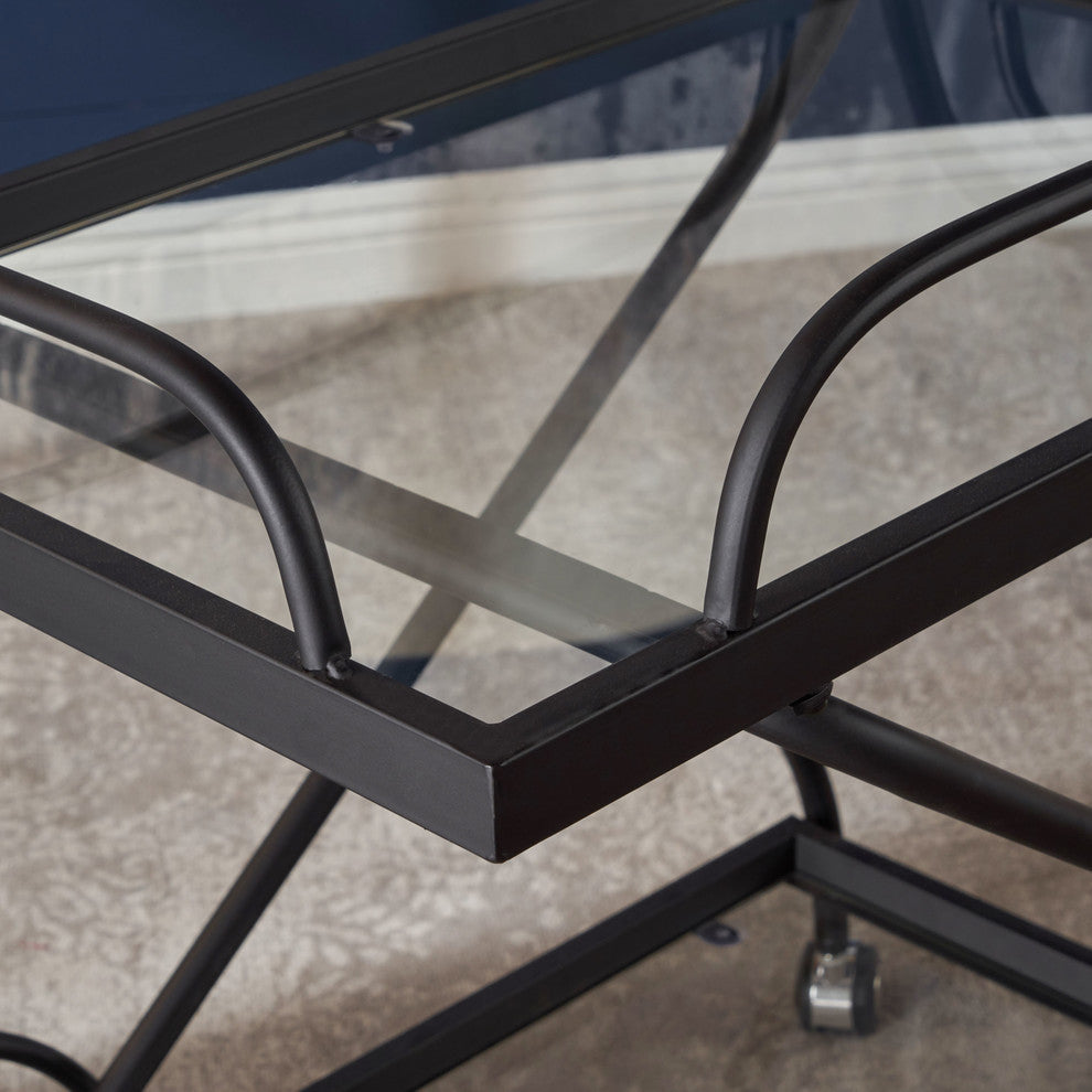 GDF Studio Presley Indoor Black Iron Bar Cart With Tempered Glass Shelves