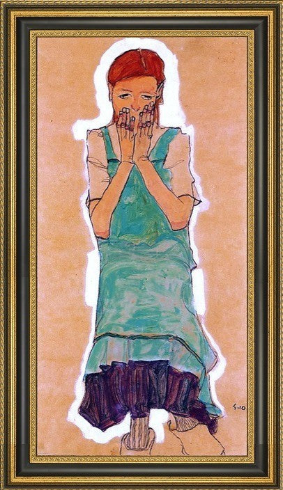 Egon Schiele Girl with Green Pinafore - 15" x 30" Framed Premium Canvas Print