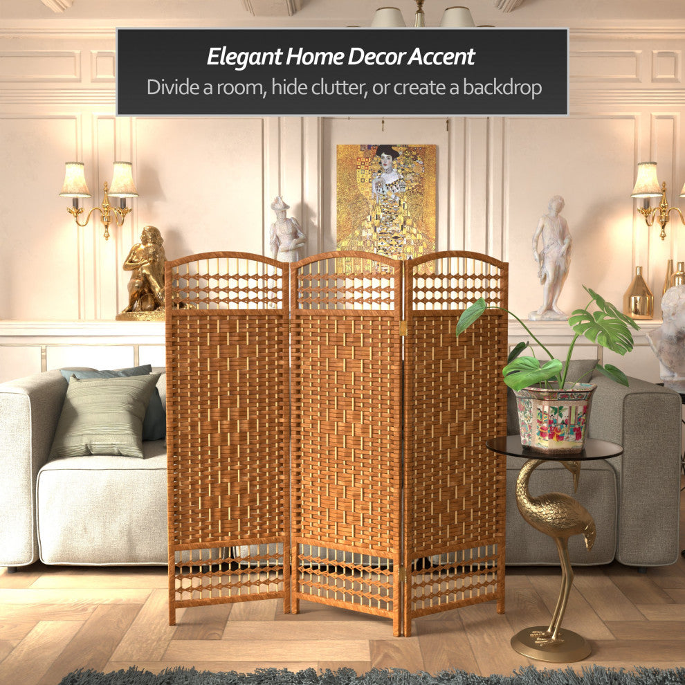 4' Tall Fiber Weave Room Divider, Dark Beige, 3 Panels
