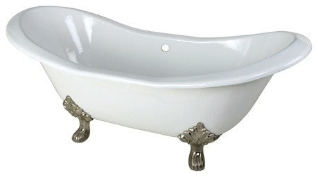 72" Double Slipper Clawfoot Tub No Faucet Drillings, White/Brushed Nickel