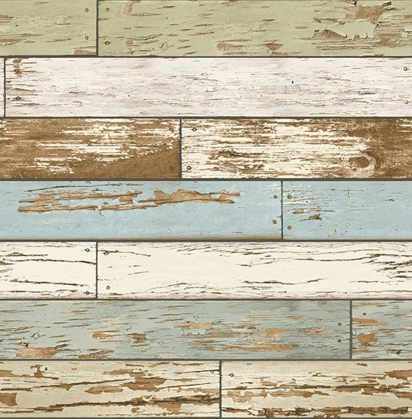 Weathered Wood Wallpaper, Muted Blue and Green, Bolt