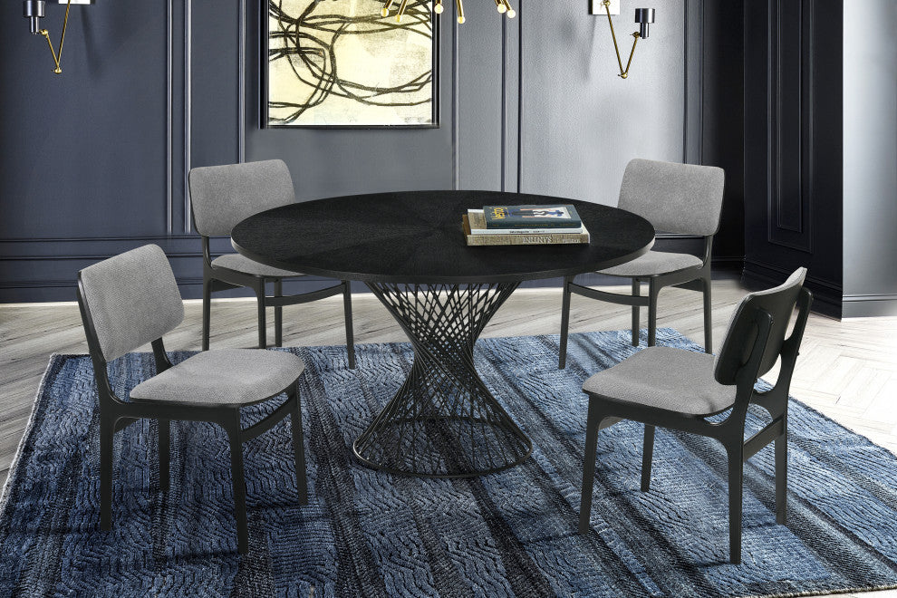 Lima Wood Dining Accent Chairs, Black Finish and Gray Fabric, Set of 2