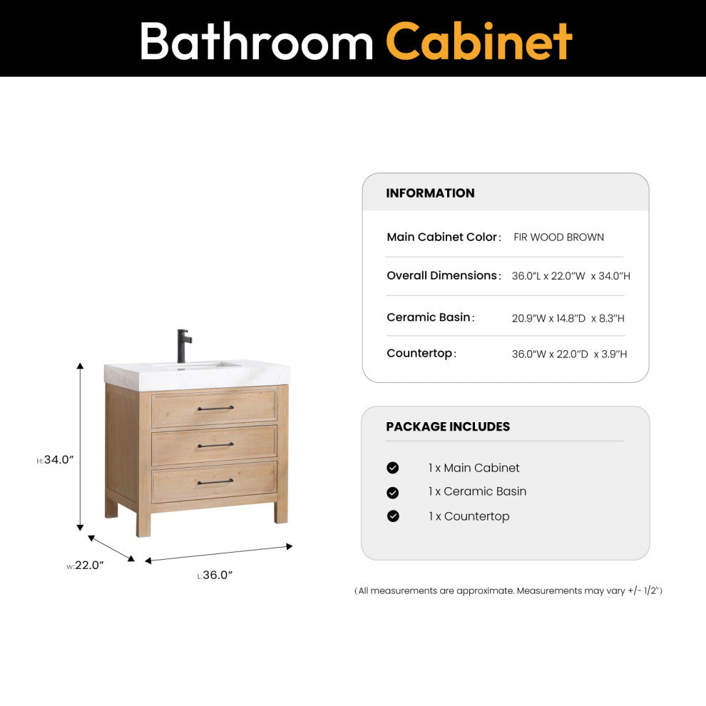Leon Bath Vanity With Composite Stone Top, Fir Wood Brown, 36", No Mirror